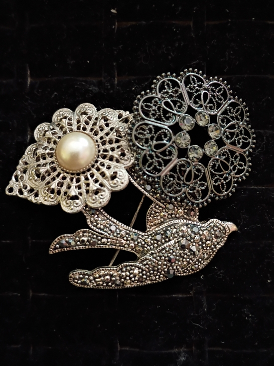 Accessories - 3 Vintage Brooch Pins Marcasite Pearl CZ - Bird Flower Pearl, Very Good Cond!